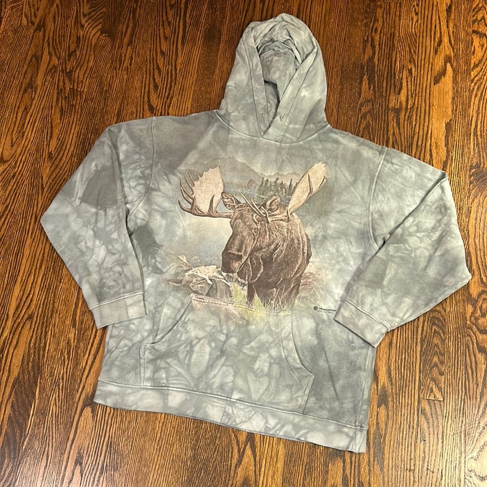 237-Vintage The Mountain Men's Gray/Greenish Tie-Dye Moose Graphic Hoodie